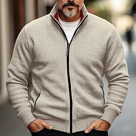 Herre Cardigan Genser Glidelås genser Chunky cardigan Riflet Strikke Avklipt Lomme Strikket Fargeblokk Høy krage Oppvarminger Moderne Moderne Avslappet Dagligd