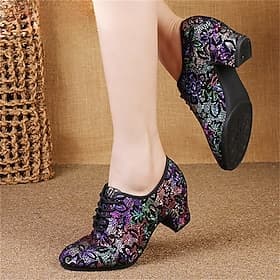 Women's Colorful Floral Latin Dance Shoes, Lace - Up Ballroom Dance Heels with Medium Heel for Eye - Catching Performances