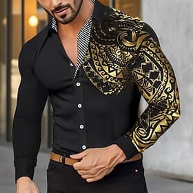 Men's Shirt Casual Shirt Button Up Shirt Bronzing Office  Career Wedding Party Black White Wine Red Long Sleeve Lapel Spring   Fall Clothing Apparel Patchwork
