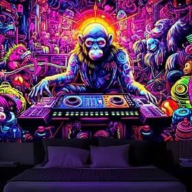 Blacklight Tapestry UV Reactive Glow in the Dark DJ Chimpanzees Animal Trippy Misty Nature Landscape Glow Party Hanging Tapestry Wall Art Mural for Living Room
