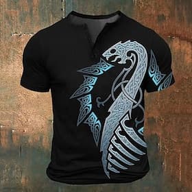 Men's Graphic Viking T Shirt Henley Shirt Short Sleeve 3D Print Fashion Classic Retro Vintage Sports Outdoor Holiday Going out Spring  Summer Blue Red Purple G