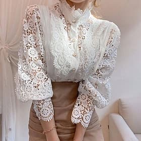Women's Lace Shirt Blouse Eyelet top WhiteLaceShirt Hole Solid Colored Elegant Fashion Elegant  Luxurious Shirt Collar Daily Black White Apricot Spring Fall