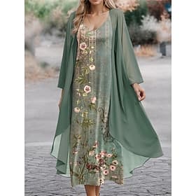 Women's Dress Set Casual Dress Chiffon Dress Swing Dress Fashion Streetwear Floral Geometric Print Long Dress Maxi Dress Long Sleeve V Neck Outdoor Office Blue