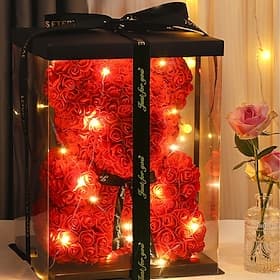 Rosenbär, künstliche Schaumblumen mit LED-Licht und Plastik-Geschenkbox – perfektes romantisches Geschenk für Muttertag, Jahrestag, Hochzeit, Geburtstag, Ernte