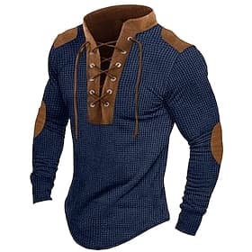 Men's T Shirt Waffle Knit Tee Tee Top Long Sleeve Shirt Long Sleeve Hooded Spring   Fall Color Block Fashion Designer Basic Lace up Patchwork Vacation Street G