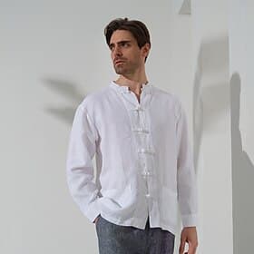 100% Linen Pocket Men's Shirt Linen Shirt Black White Navy Blue Long Sleeve Plain Standing Collar Spring   Fall Outdoor Daily Clothing Apparel