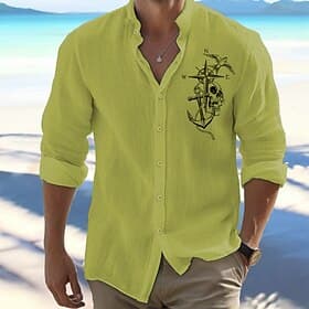 Men's Shirt Beach Shirt Button Up Shirt Anchor Outdoor Vacation White Green Light Grey Long Sleeve Standing Collar Spring   Fall Clothing Apparel Print