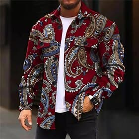 Men's Paisley Shirt Shirt Jacket Overshirt Long Sleeve Vintage Boho Daily Wear Going out Weekend Fall  Winter Turndown Pocket Print Button-Down Black Burgundy