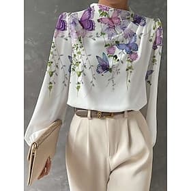 Damenbluse mit langen Ärmeln Fashion Floral Schmetterlingsdruck Regular Tops Rundhalsausschnitt Arbeit Königsblau Blau Lila Grün Khaki Frühling  Herbst