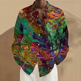Men's Optical Illusion Shirt Linen Shirt Button Up Shirt Long Sleeve Artistic Abstract Daily Wear Going out Weekend Spring Turndown Print Button-Down Violet Ye