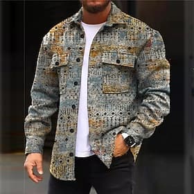 Men's Geometry Graffiti Ethnic Shirt Shirt Jacket Overshirt Long Sleeve Fashion Streetwear Designer Outdoor Casual Daily Fall  Winter Turndown Print Blue Gray