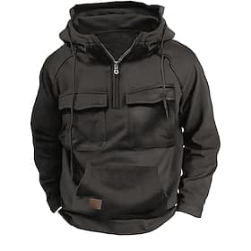 Men's Hoodie Quarter Zip Hoodie Tactical Black Army Green Blue Gray Hooded Plain Patchwork Pocket Sports  Outdoor Daily Holiday Streetwear Cool Casual Spring