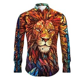 Men's Lion Shirt Button Up Shirt Long Sleeve Abstract Daily Wear Going out Spring Summer Turndown Print Button-Down Yellow Red Blue Purple Green
