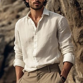 Homme Chemise Chemise Lin Chemisette Chemise d'été Tenues de plage Chemise boutonnée Plein Vacances Curise Beige manche longue Revers Printemps  Automne Vêteme