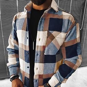 Men's Flannel Shirt Shirt Jacket Overshirt Tartan Street Daily Brown Dark Gray Long Sleeve Turndown Spring   Fall Clothing Apparel Button-Down