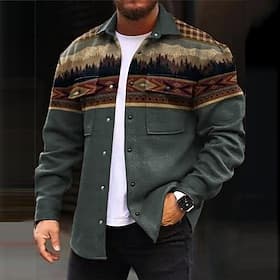 Men's Tribal Geometry Ethnic Shirt Shirt Jacket Overshirt Long Sleeve Vintage Casual Tribal Outdoor Street Casual Daily Fall  Winter Turndown Buttons Pocket Pr