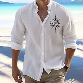 Men's Shirt Button Up Shirt Ethnic Shirt Sun Outdoor Vacation White Long Sleeve Standing Collar Spring   Fall Clothing Apparel Print