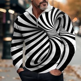 Men's Optical Illusion Zip Polo Long Sleeve Polo Shirts Zip Abstract Outdoor Casual Daily Streetwear 3D Print Spring White Wine Blue