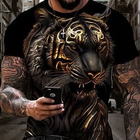 Men's Graphic Animal Tiger T Shirt Short Sleeve T shirt 3D Print Crew Neck Shirt Daily Designer Retro Vintage Sports Outdoor Holiday Going out Blue Yellow Oran