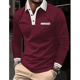 Men's Polo Shirts Button Up Polos Casual Sports Lapel Long Sleeve Fashion Basic Color Block Pocket Buttons Spring Fall Regular Fit Navy Wine Dark Gray Light