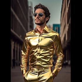 Retro Vintage 1980s Shiny Metallic Shirt Disco Solid Color Turndown Fancy Dress Men's Carnival Costume Carnival Club Performance Pride Parade Adults' Shirt