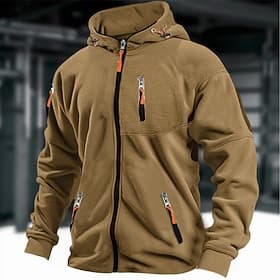 Men's Hoodie Full Zip Hoodie Tactical Army Green Navy Blue Brown Gray Hooded Plain National Flag Pocket Sports  Outdoor Daily Holiday Polyester Streetwear Cool
