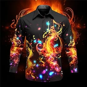 Men's Musical Notes Shirt Button Up Shirt Long Sleeve Artistic Daily Wear Going out Fall Winter Turndown Print Button-Down Yellow Red Purple