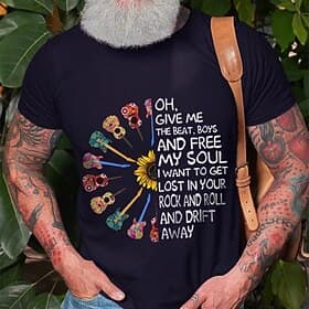 Rock and Roll Music Lover Mens T-Shirt with Guitar  Sunflower Graphic, 'Drift Away' Lyrics Tee