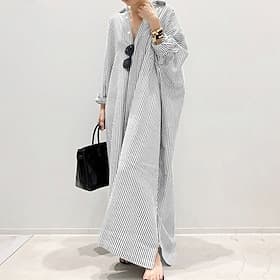 Dames Maxi-jurk 100% Katoen Hemdjurk Shirtjurk Kaftanjurk Basic Casual Dagelijks Buiten Vakantie Ruim Passend Gestreept Lange mouw Overhemdkraag blauw Zwart Wi