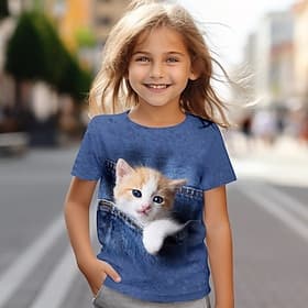Fille 3D Chat Tee-shirts Chemises Manche Courte 3D effet Eté Actif Mode Le style mignon Enfants 3-12 ans Col Ras du Cou Extérieur Casual du quotidien Standard