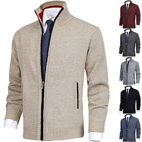 Men's Sweater Dress Sweater Cardigan Sweater Zip Sweater Ribbed Knit Zipper Pocket Solid Color Stand Collar Warm Ups Modern Contemporary Daily Wear Going out C