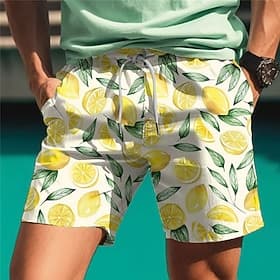 Men's Fruit Lemon 3D Print Swim Trunks Swim Shorts Board Shorts Mid Waist Hawaiian Casual Beach Holiday Drawstring with Mesh lining Elastic Waist Designer Clot