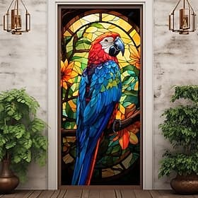 Stained Glass Parrot Door Covers Mural Decor Door Tapestry Door Curtain Decoration Backdrop Door Banner Removable for Front Door Indoor Outdoor Home Room Decor