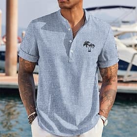 Men's Palm Tree Tropical Plants Shirt Summer Shirt Casual Shirt Short Sleeve Shirt Stand Collar Hawaiian Resort Vacation Daily Wear Going out Blue Green Khaki