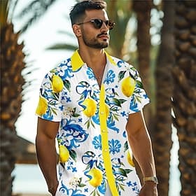 Herren Zitronengelb Hemd Hawaiihemd Sommerhemd Aloha-Shirt Kurzarm Hemd Umlegekragen Urlaub Hawaiianisch Outdoor Urlaub Hawaiianisch Gelb Blau Purpur S M L