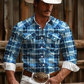 Men's Plaid / Check Western Shirt Cowboy Shirt Long Sleeve Vintage Western Style Daily Wear Going out Weekend Spring  Summer Turndown Pocket Print Button-Down