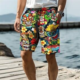 Men's Mask Indian Culture Flower / Plants Swim Trunks Swim Shorts Board Shorts Mid Waist Vacation Hawaiian Ethnic Vacation Holiday Beach Drawstring with Mesh l