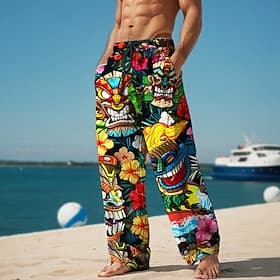 Tiki Tropical Aloha Men's Resort 3D Printed Casual Pants Trousers Elastic Waist Drawstring Loose Fit Straight-Leg Summer Beach Pants S TO 3XL
