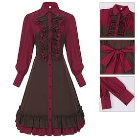 Gothic Lolita Punk  Gothic Steampunk Dress Bishop Sleeve Flounced Color Block Turndown Fancy Dress Women's Fantasy Steampunk Performance Masquerade Adults' Dre