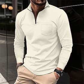 Men's Waffle Polo Shirt Quarter Zip Polo Daily Holiday Quarter Zip Long Sleeve Fashion Modern Plain Front Pocket Spring   Fall Regular Fit Black White Navy Blu