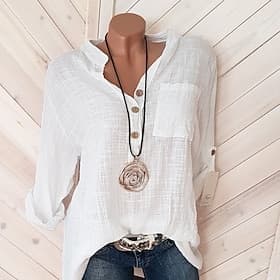 Women's Linen-feel Shirts Long Cotton Top White Cotton Top White Cotton Blouse Buttons Solid Color Fashion V Neck Daily Street Blue White Khaki Pink Red Spring