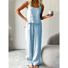 Women's Linen-feel Set Pajamas Two Piece Sets Simple Basic Comfort Pure Color Strap Top Home Daily Bed Sleeveless Straps White Blue Light Grey Dark Gray Summer