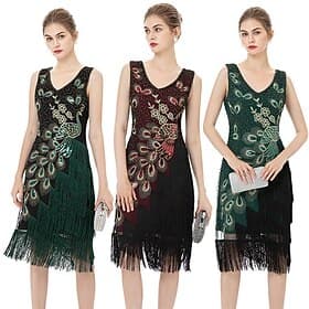 Roaring 20s 1920s Knee Length Dress Flapper Dress Cocktail Dress Sleeveless The Great Gatsby Wedding Guest Sequins Tassel Fringe V Neck Fancy Dress Women's Eve