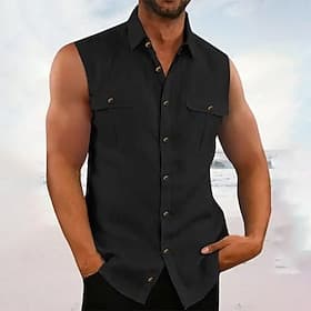Herren Hemd Sommerhemd Freizeithemd Strandhemd Knopfhemd Schwarz Blau Purpur Grün Ärmellos Einfach Revers Urlaub Hawaiianisch Tasche Bekleidung Baumwolle Polye