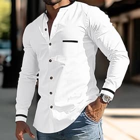 Men's Shirt Summer Shirt Dress Shirt Band Collar Shirt Button Up Shirt White Dark Blue Gray Light Blue Long Sleeve Color Block Stand Collar Daily Vacation Fron
