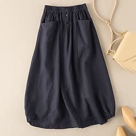 Women's Linen-feel Skirts Basic Casual Midi High Waist Skirts Solid Colored Pocket Casual Daily Weekend Black Army Green Navy Blue Khaki Summer