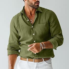 Men's Shirt Linen Shirt Summer Shirt Beach Wear Button Up Shirt Plain Vacation Casual Black Blue Brown Khaki Long Sleeve Lapel Spring  Summer Clothing Apparel