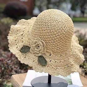 Women's Sun Hat Beige Crochet Flower Detail Wide Brim Beach Garden Party Elegant Accessory One Size Fits Most Spring Summer Apparel