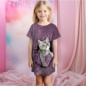 Mädchen 3D Katze Pyjamas Nachthemd Kurzarm 3D-Druck Sommer Aktiv Modisch Kuschelig kinderkleidung 3-12 Jahre Rundhalsausschnitt Heim Normal Innen Regular Fit