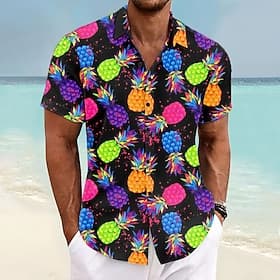 Men's Pineapple Shirt Summer Hawaiian Shirt Aloha Shirt Short Sleeve Shirt Turndown Vacation Hawaiian Outdoor Vacation Hawaiian Blue Purple Fuchsia S M L
